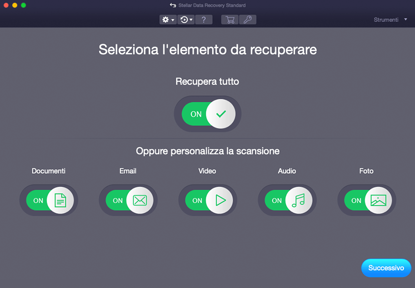 Selezionare il tipo di file e l'unità