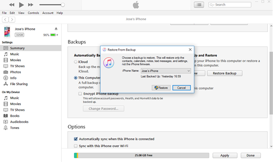 Restore from Backup in iTunes to recover lost data from iPhone after iOS update