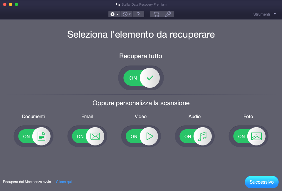 Selezionare il tipo di file e l'unità